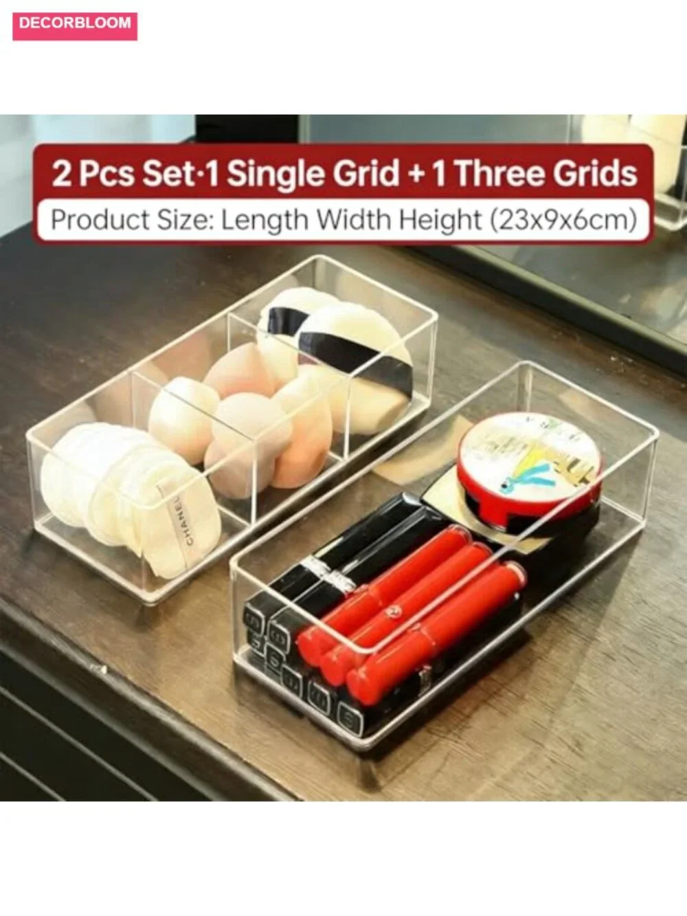 Clear Acrylic Stackable Makeup Organizer - 3 Compartment Cosmetic Storage for